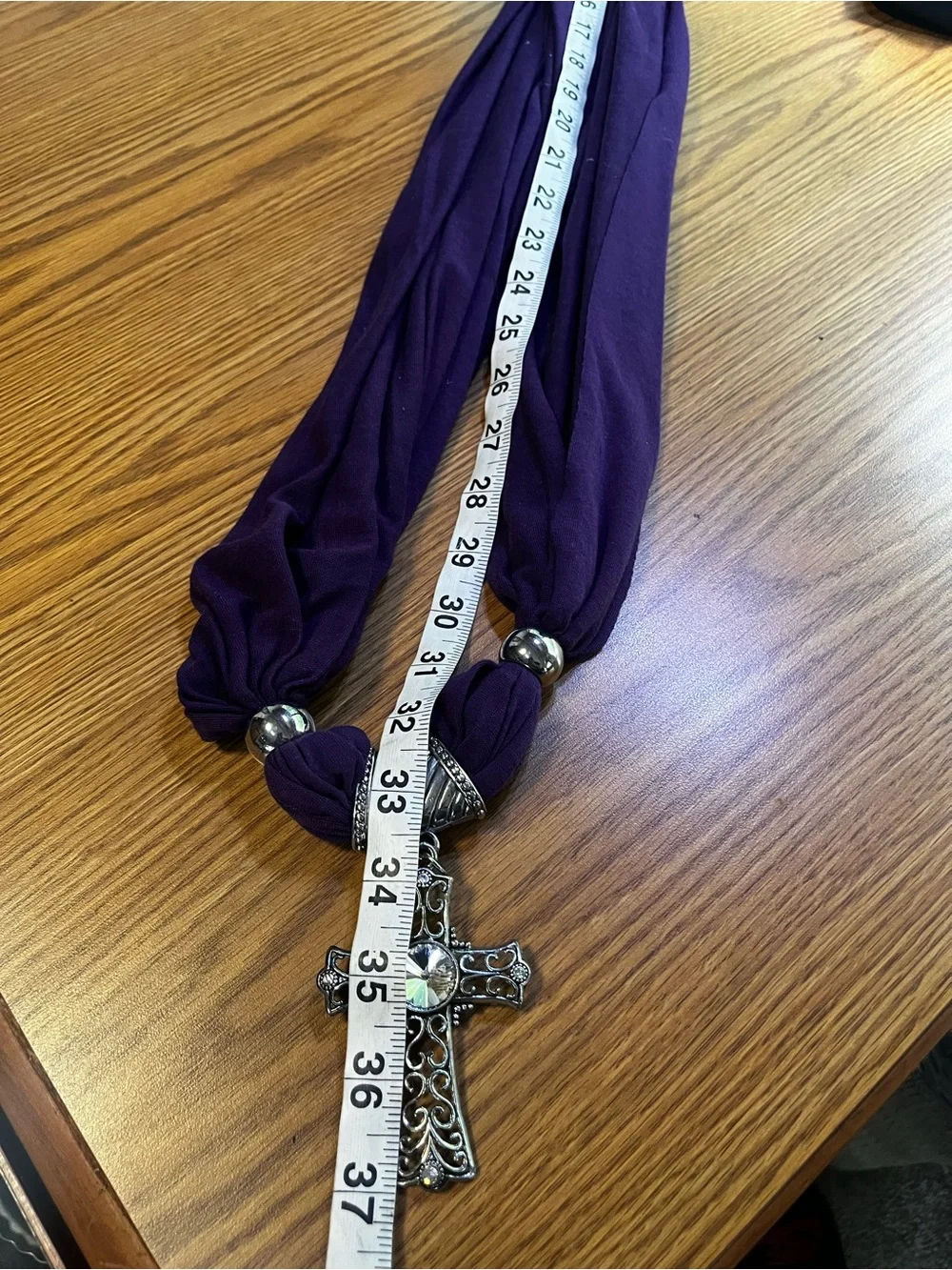 Purple Scarf Necklace with Decorative Cross Pendant